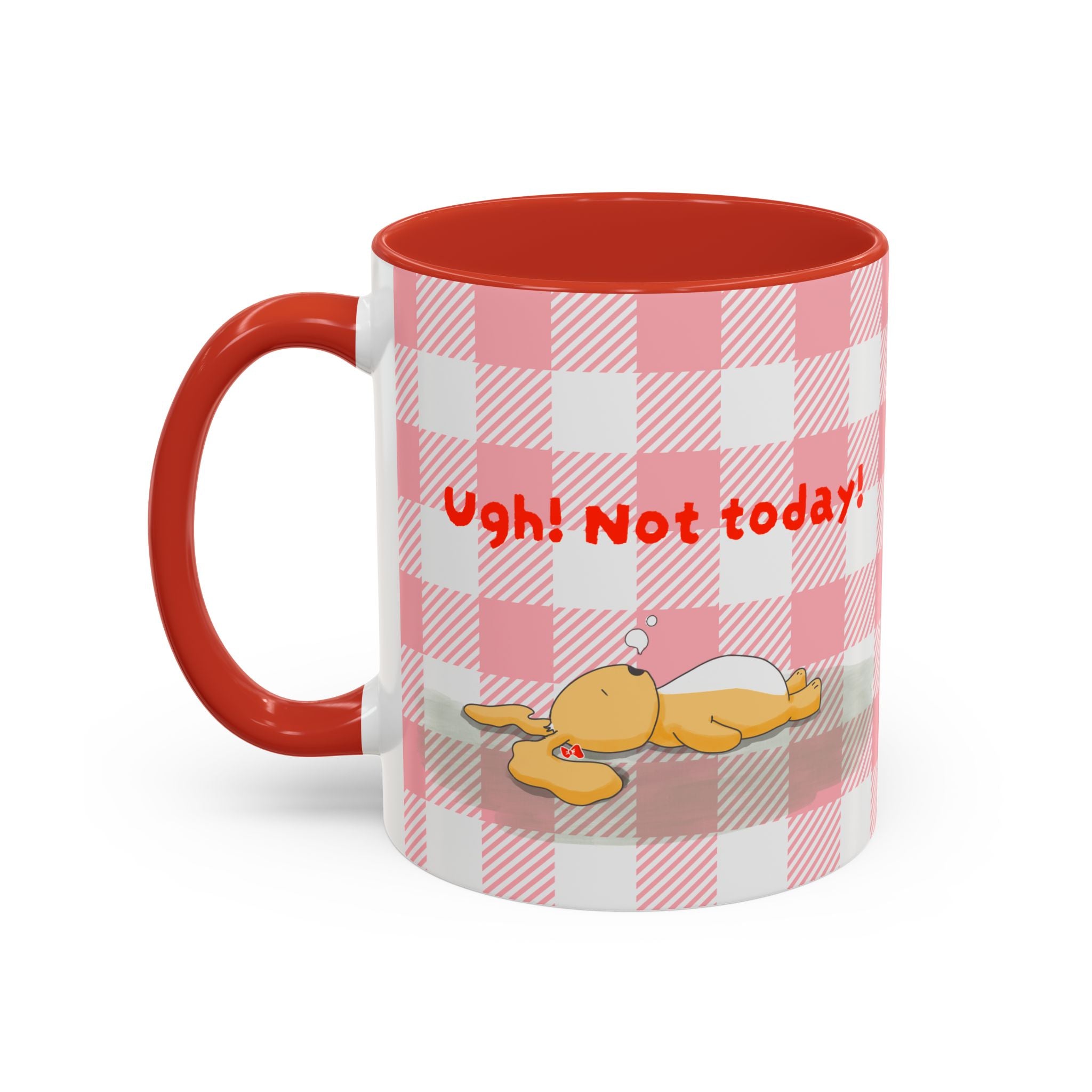 Coffee Mug — "Ugh! Not Today" Cute Lazy Bonnie Pink Check Plaid Accent Mug (11/15oz)