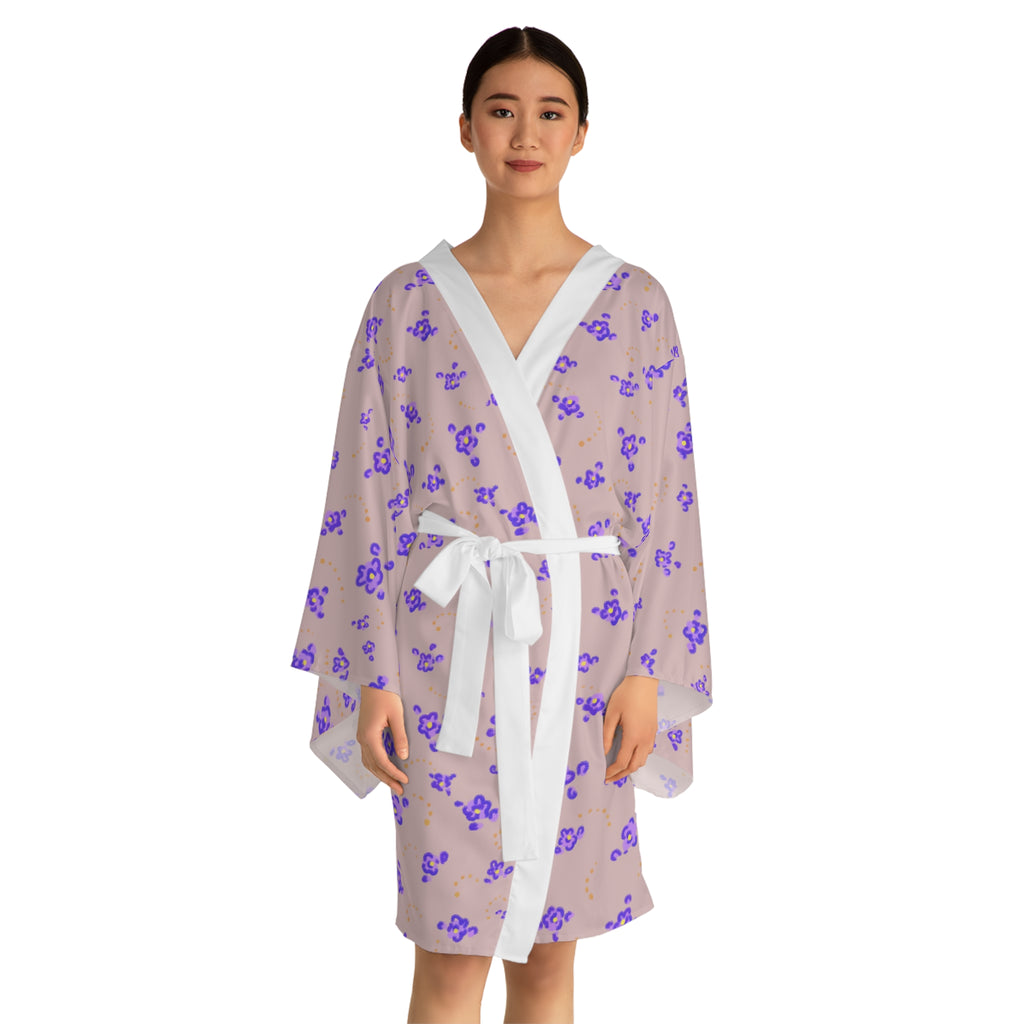 Purple Floral Kimono Robe — Pastel Purple Blossom Long Sleeve Wrap