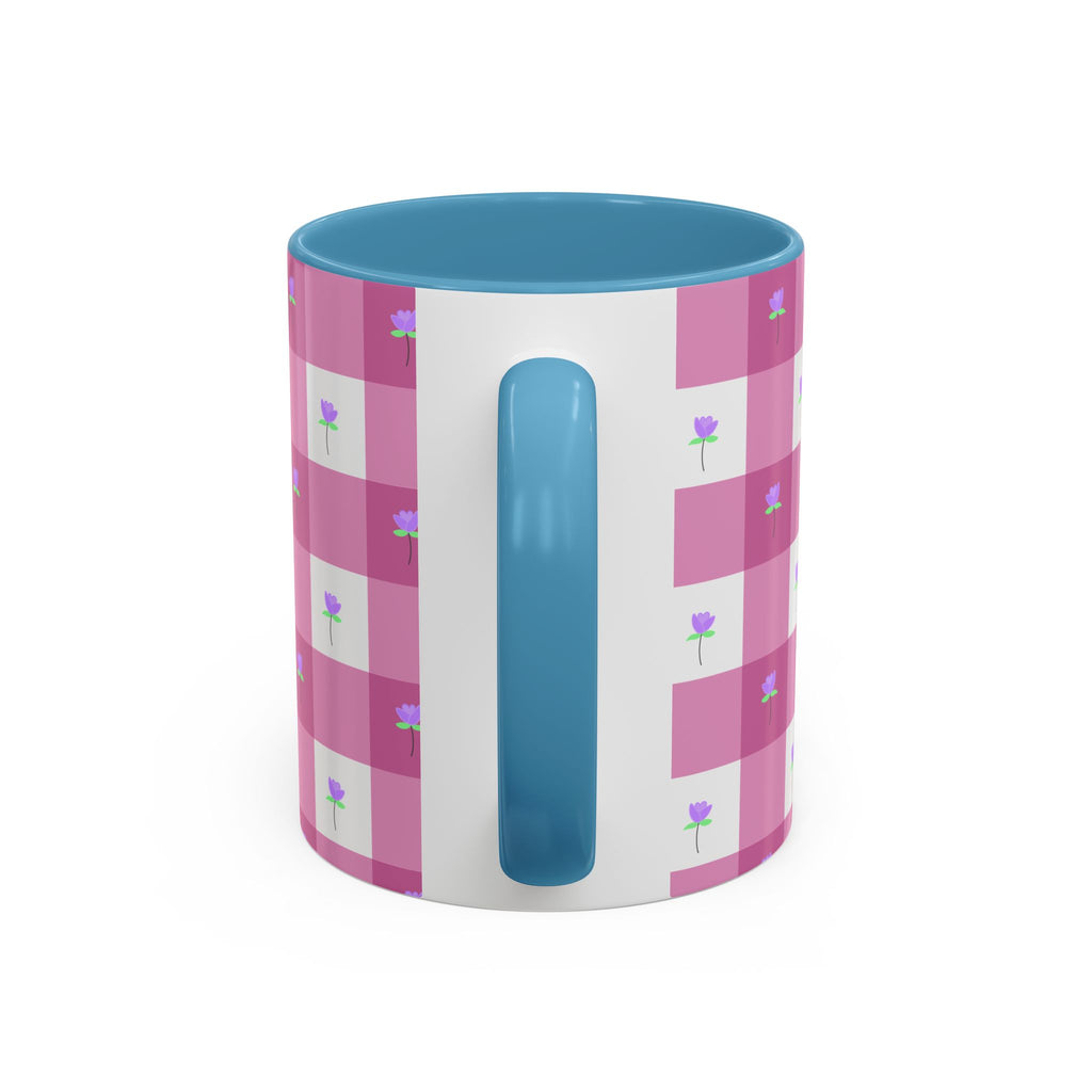 Pink Gingham Floral Tulip Accent Coffee Mug — Cute Purple Rose Pattern (11/15oz)