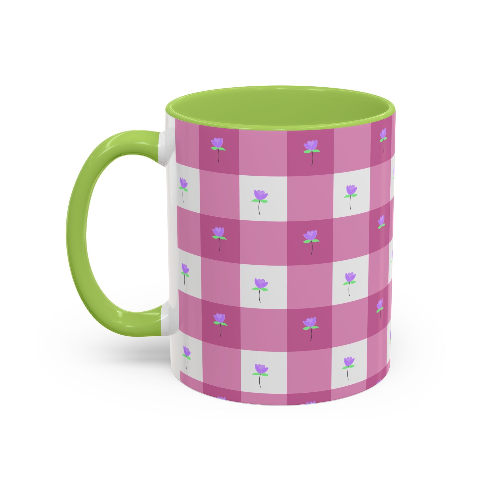 Pink Gingham Floral Tulip Accent Coffee Mug — Cute Purple Rose Pattern (11/15oz)