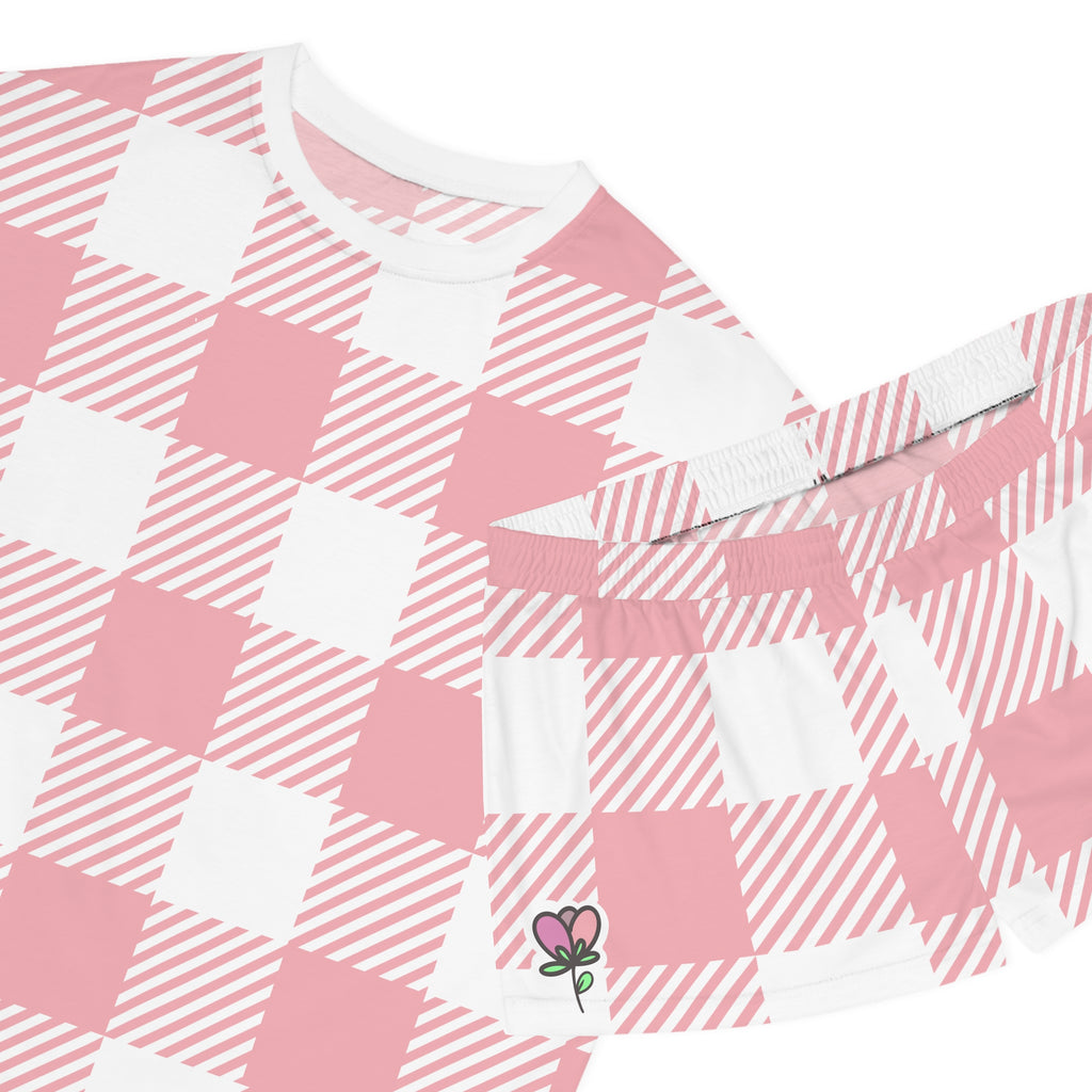 Pink Gingham Plaid Women's Pajama Set – Cute Floral Patch Short Sleep Set