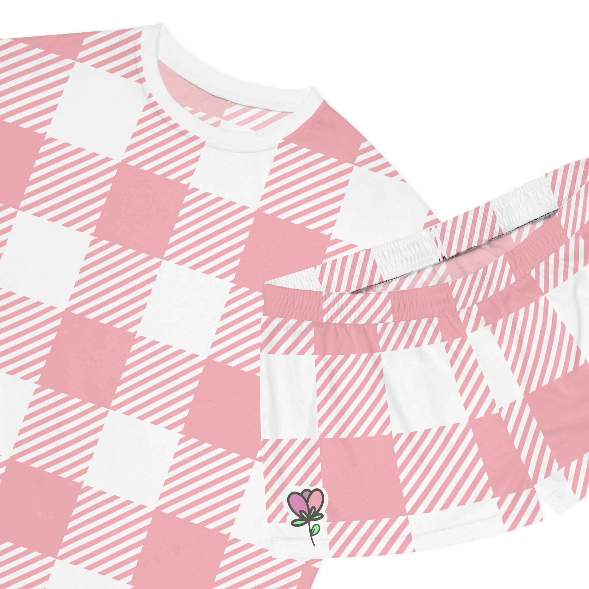 Pink Gingham Plaid Women's Pajama Set – Cute Floral Patch Short Sleep Set