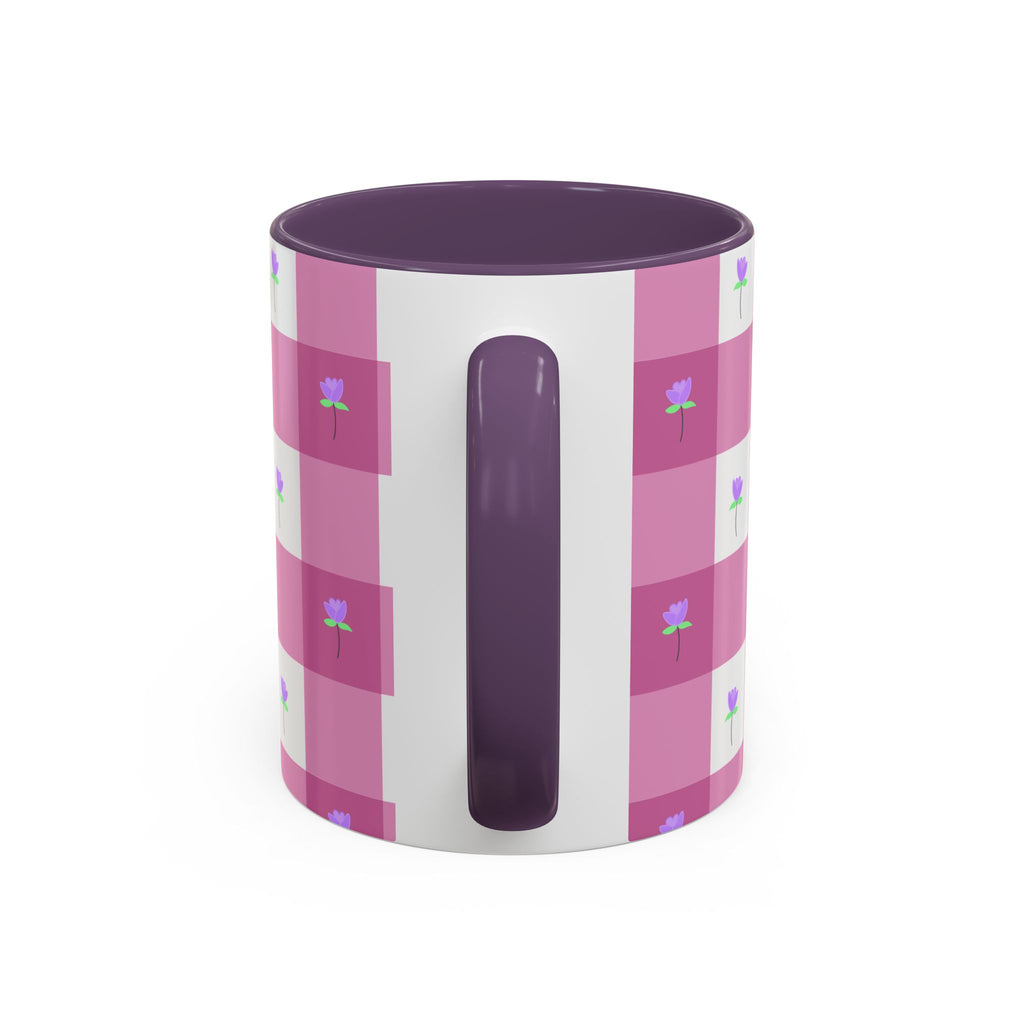 Pink Gingham Tulip Heart Floral Accent Coffee Mug – Cute Purple Rose Pattern (11/15 oz)