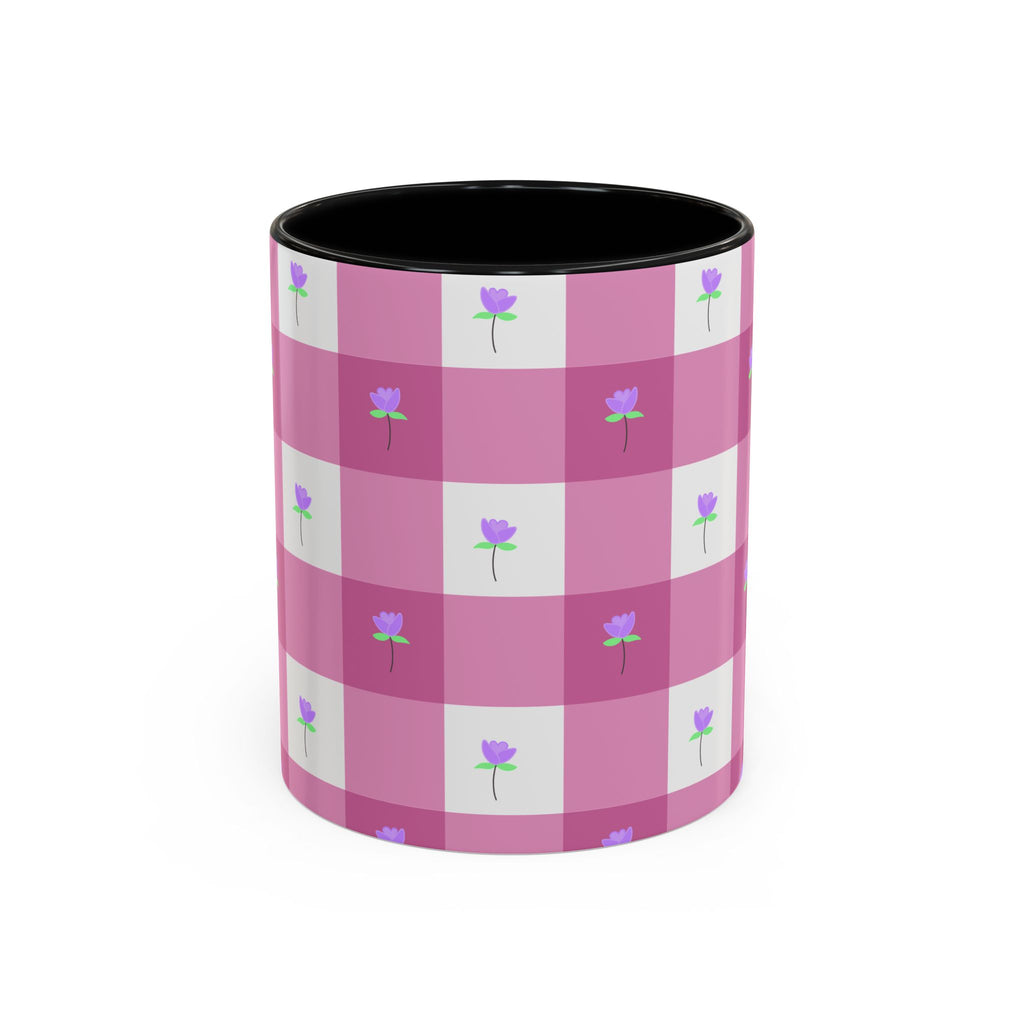 Pink Gingham Tulip Heart Floral Accent Coffee Mug – Cute Purple Rose Pattern (11/15 oz)