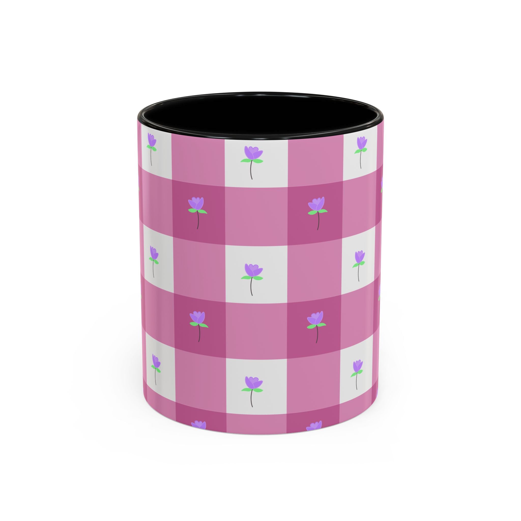 Pink Gingham Tulip Heart Floral Accent Coffee Mug – Cute Purple Rose Pattern (11/15 oz)