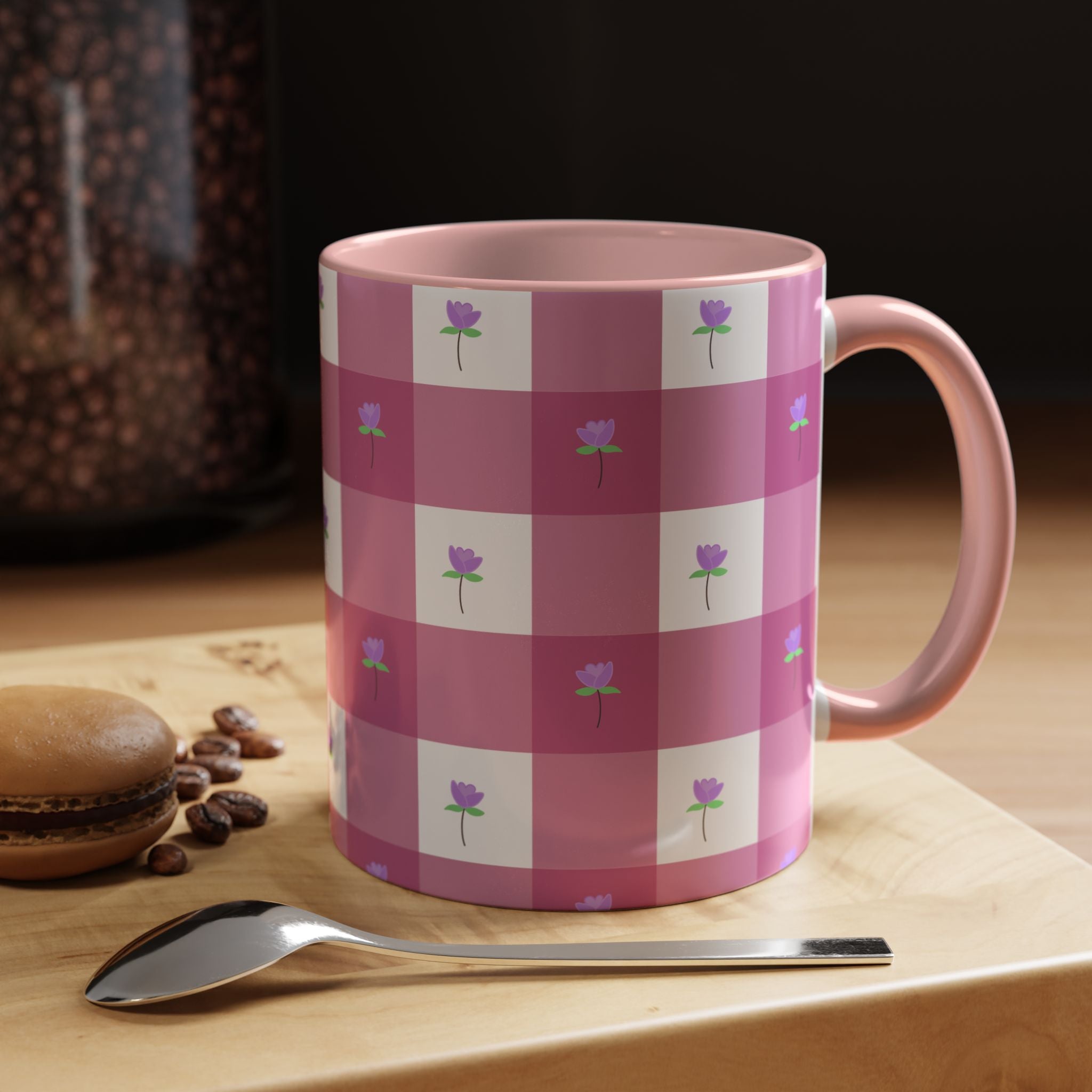 Pink Gingham Tulip Heart Floral Accent Coffee Mug – Cute Purple Rose Pattern (11/15 oz)