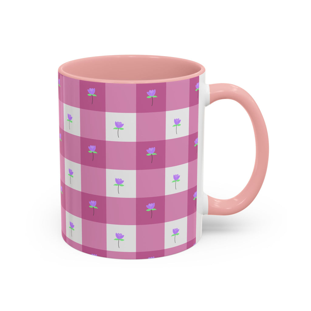 Pink Gingham Floral Tulip Accent Coffee Mug — Cute Purple Rose Pattern (11/15oz)