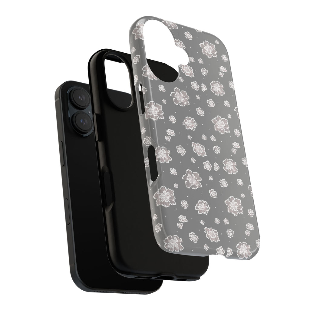 Floral Grey Tough Phone Case – Protective Slim Case with White Blossom Pattern