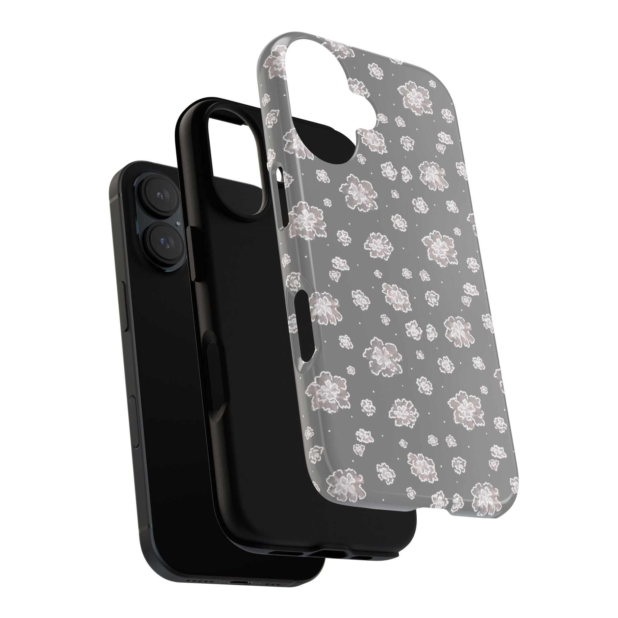 Floral Grey Tough Phone Case – Protective Slim Case with White Blossom Pattern