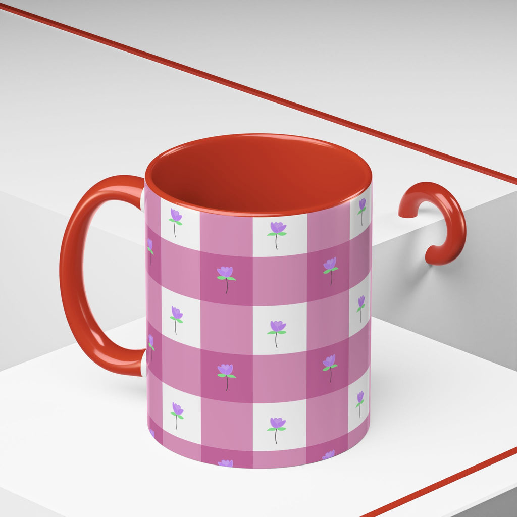 Pink Gingham Tulip Heart Floral Accent Coffee Mug – Cute Purple Rose Pattern (11/15 oz)