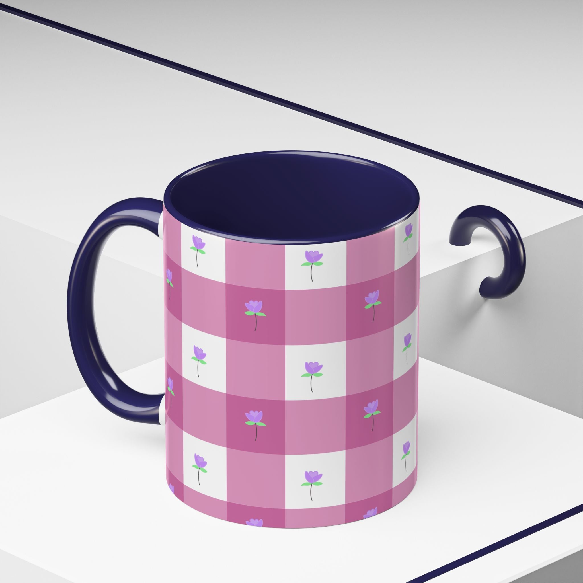 Pink Gingham Tulip Heart Floral Accent Coffee Mug – Cute Purple Rose Pattern (11/15 oz)