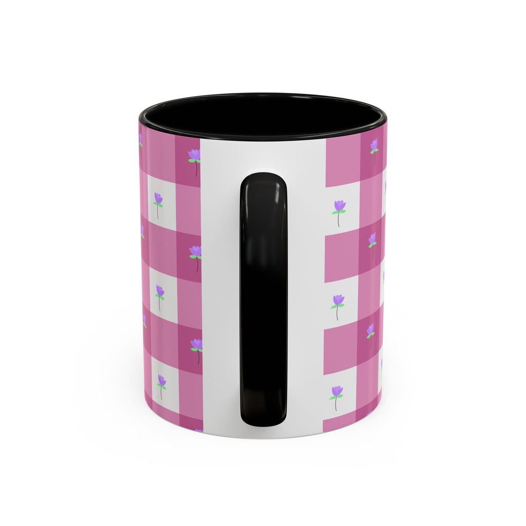 Pink Gingham Floral Tulip Accent Coffee Mug — Cute Purple Rose Pattern (11/15oz)