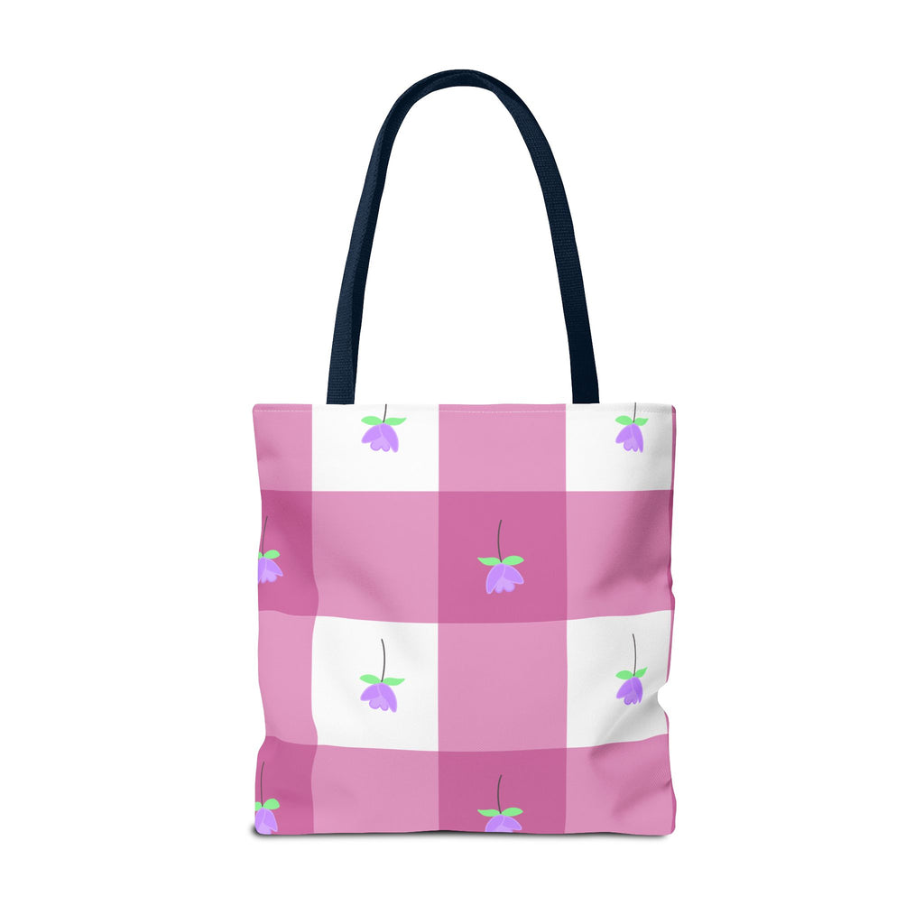 Pink Gingham Tulip Floral Tote Bag — Cute Checkered All-Over Print Tote