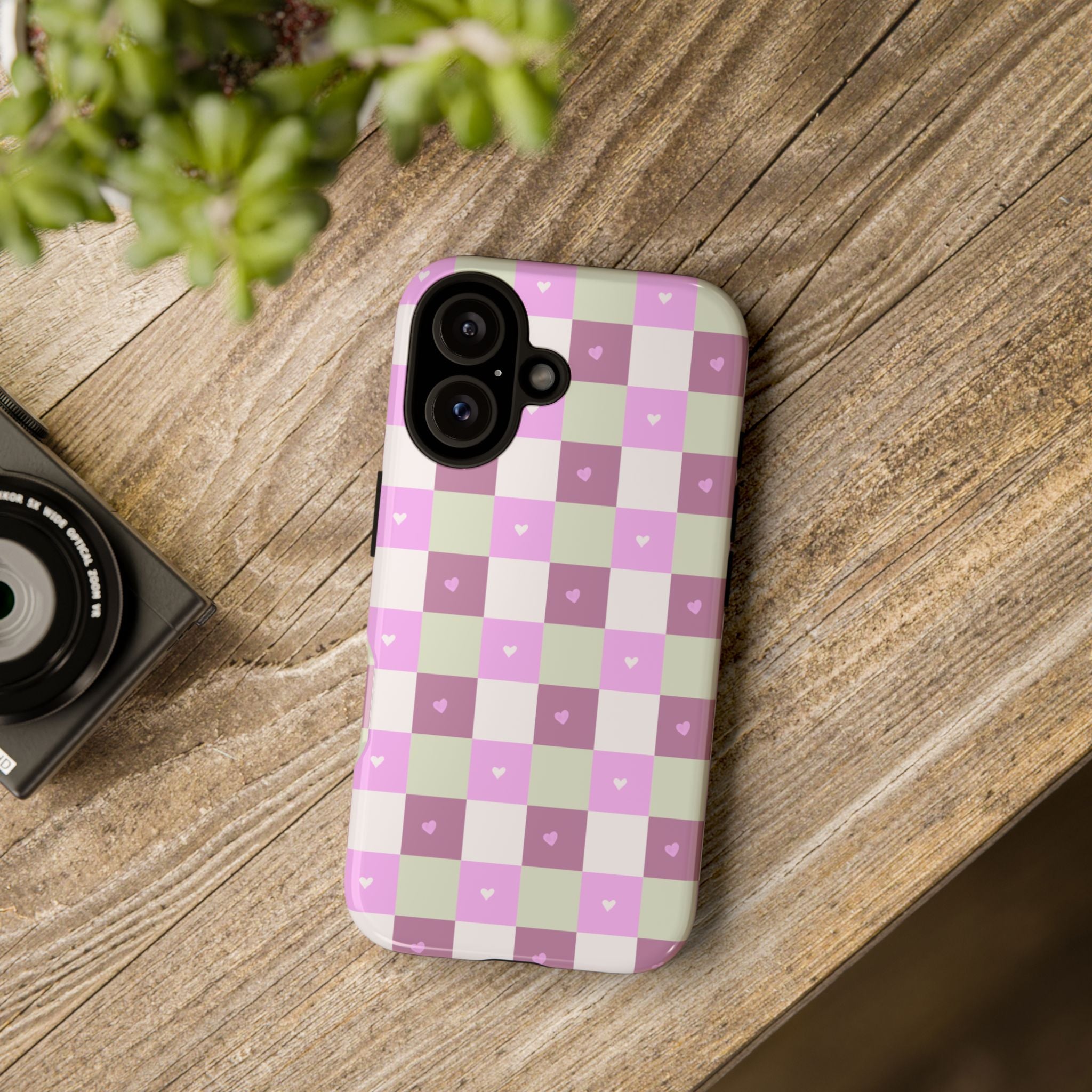 Pink Checkered Phone Case with Tiny Hearts — Cute Pastel Grid iPhone Case