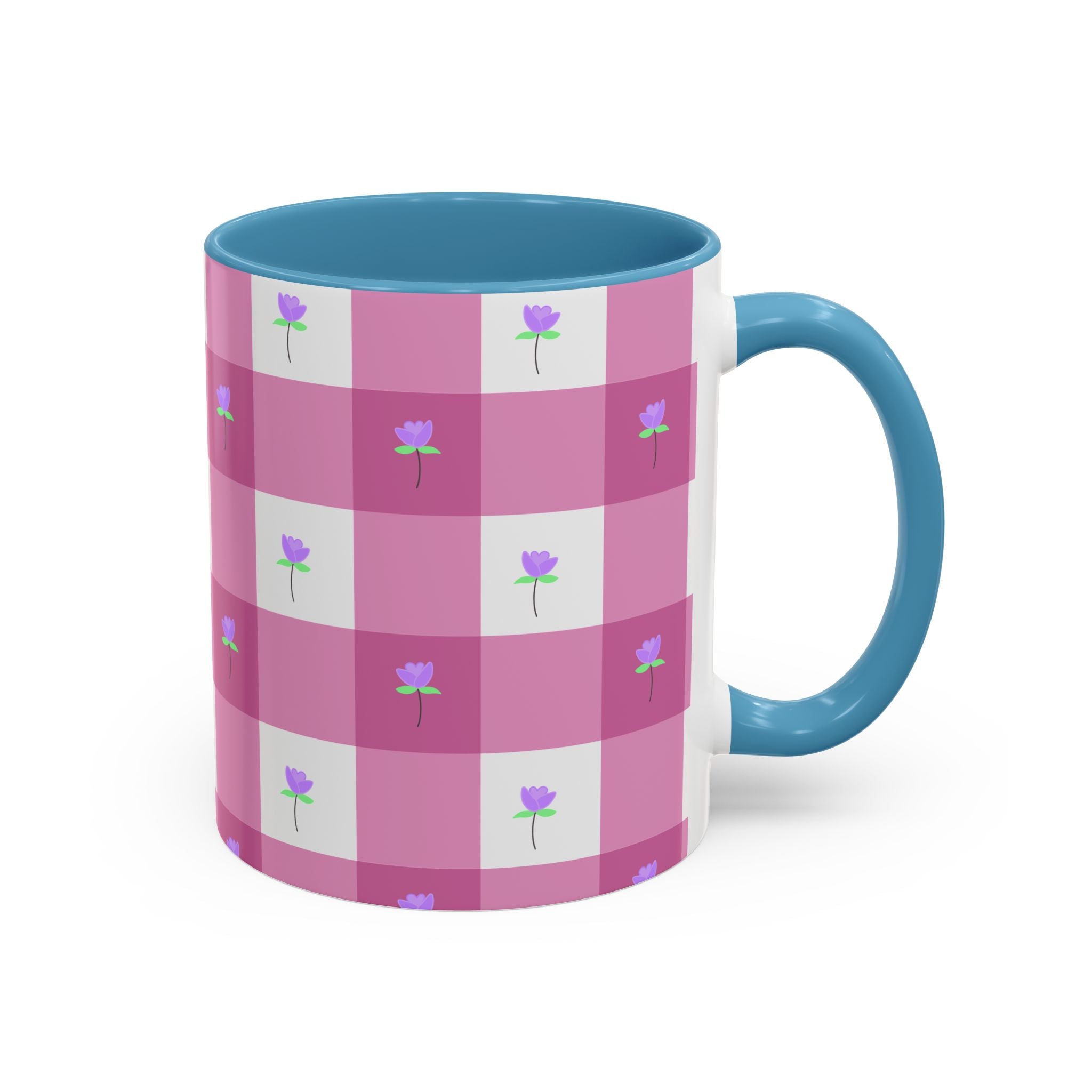 Pink Gingham Tulip Heart Floral Accent Coffee Mug – Cute Purple Rose Pattern (11/15 oz)