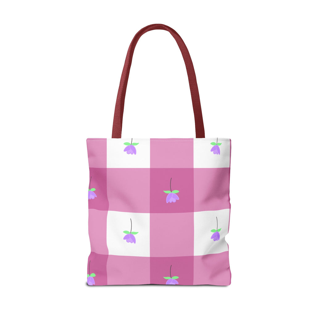 Pink Gingham Tulip Floral Tote Bag — Cute Checkered All-Over Print Tote
