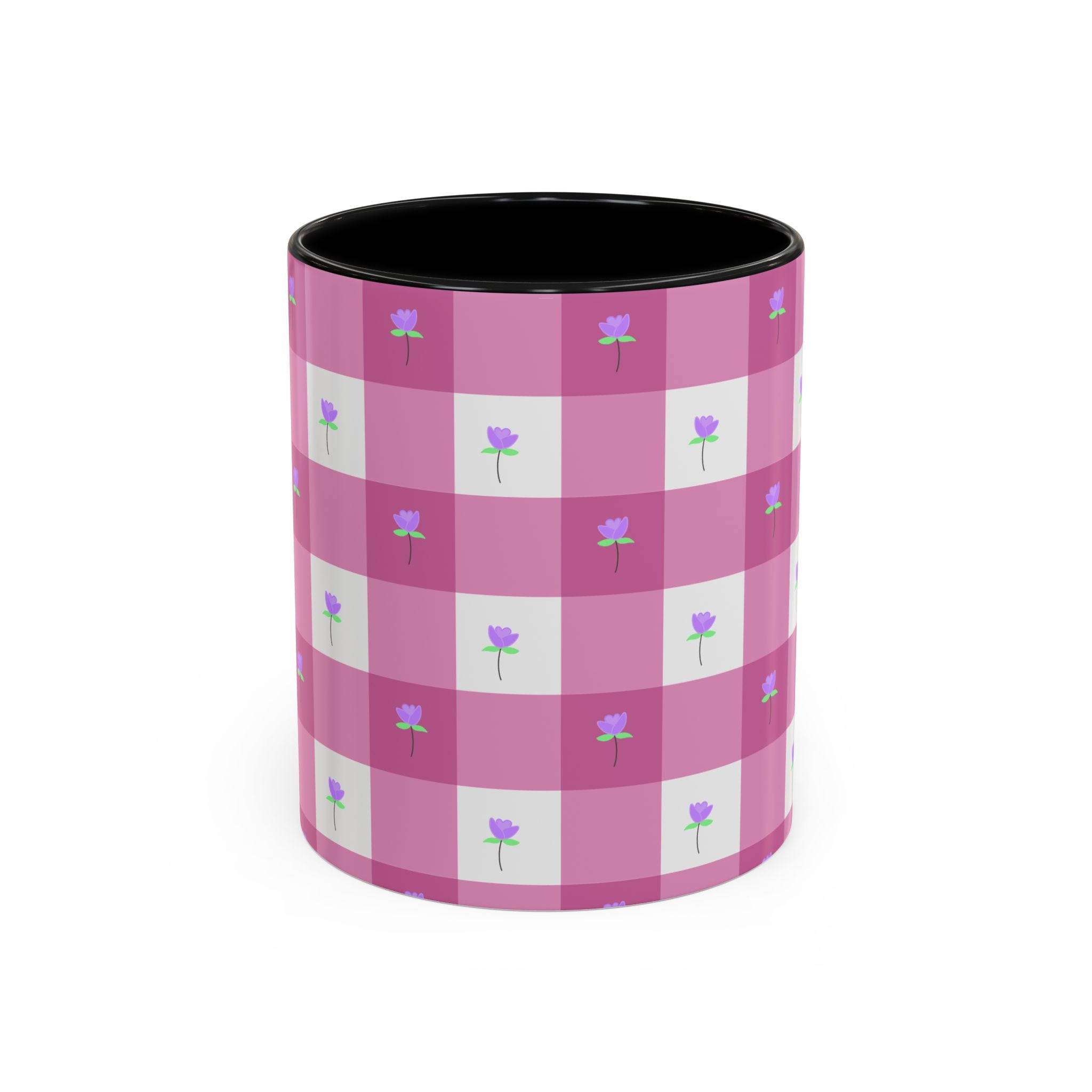 Pink Gingham Floral Tulip Accent Coffee Mug — Cute Purple Rose Pattern (11/15oz)