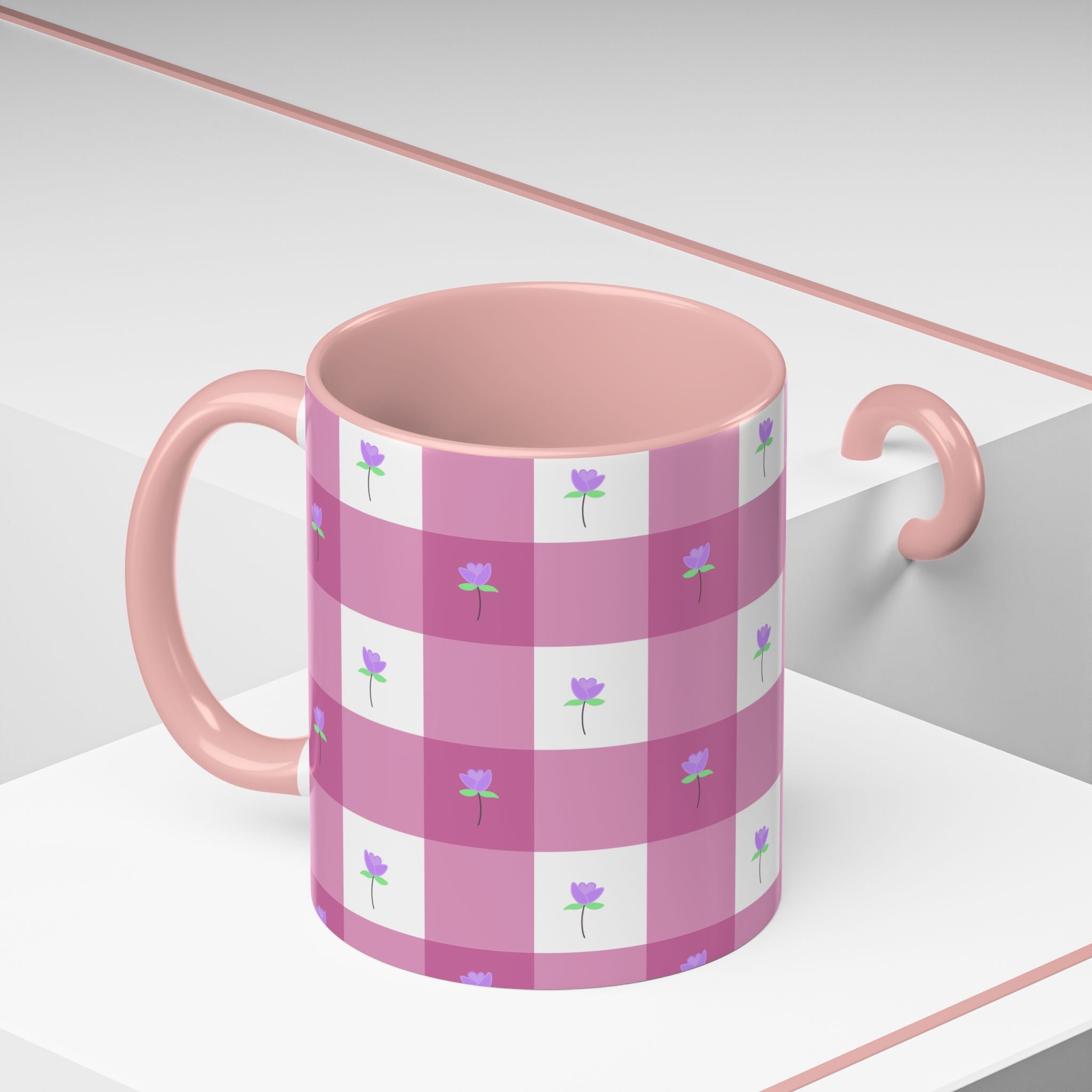 Pink Gingham Tulip Heart Floral Accent Coffee Mug – Cute Purple Rose Pattern (11/15 oz)