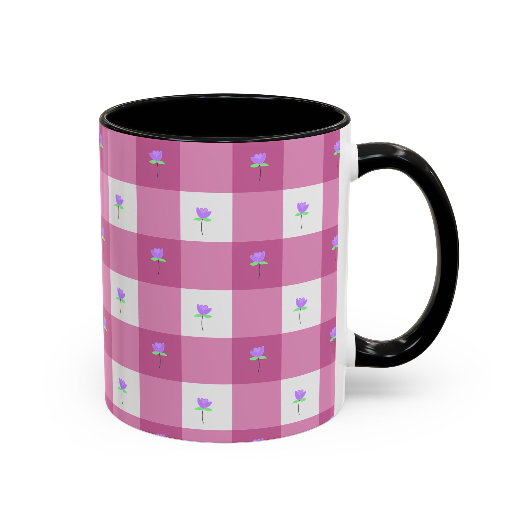 Pink Gingham Floral Tulip Accent Coffee Mug — Cute Purple Rose Pattern (11/15oz)