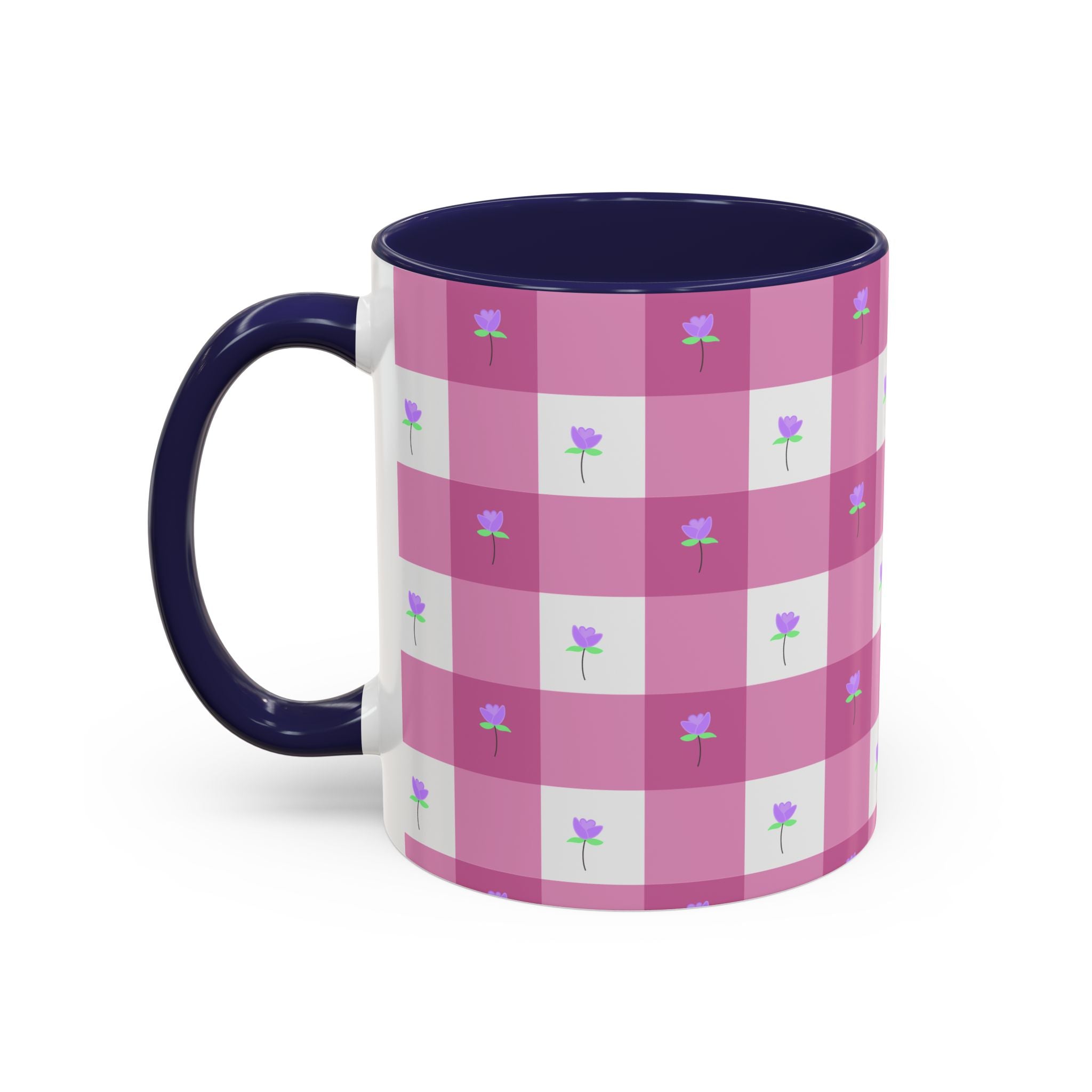 Pink Gingham Floral Tulip Accent Coffee Mug — Cute Purple Rose Pattern (11/15oz)