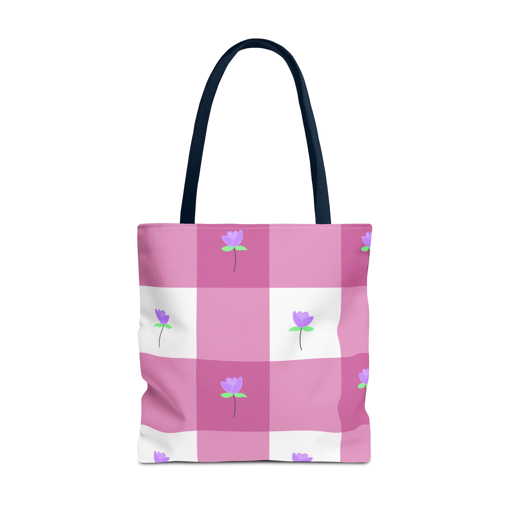 Pink Gingham Tulip Floral Tote Bag — Cute Checkered All-Over Print Tote