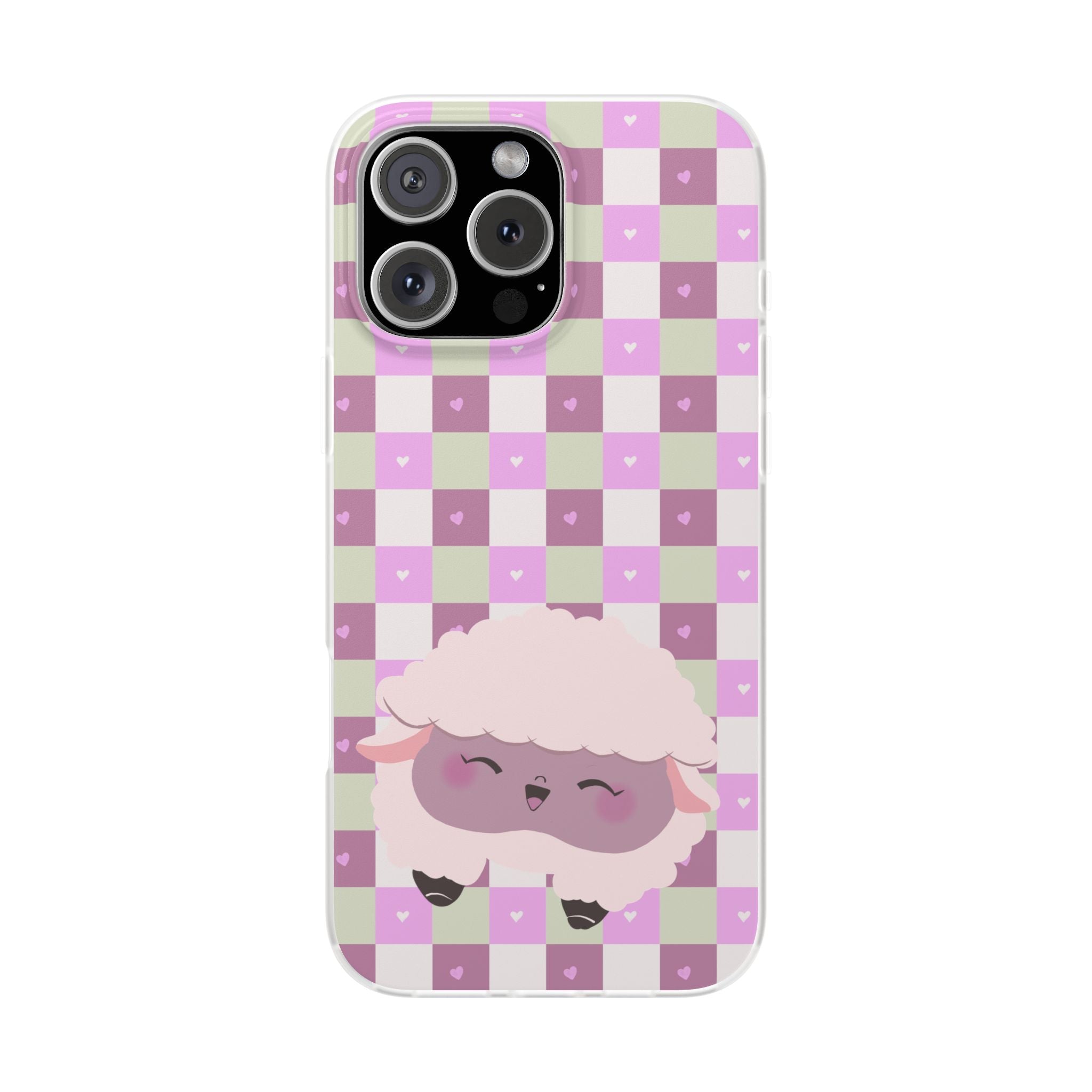 Cute Pastel Sammy the Sheep Phone Case – Pink Checkered Flexi Case