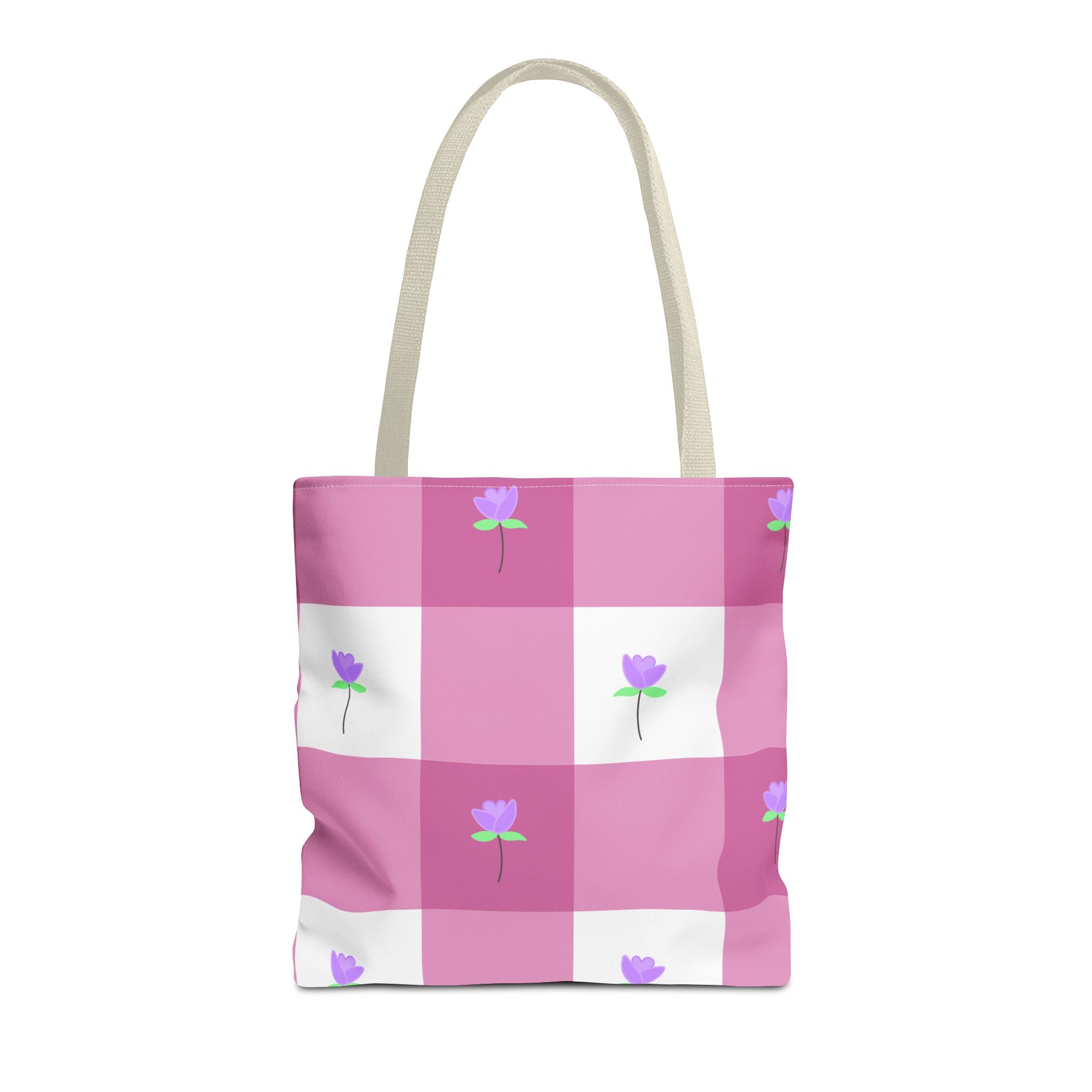 Pink Gingham Tulip Floral Tote Bag — Cute Checkered All-Over Print Tote