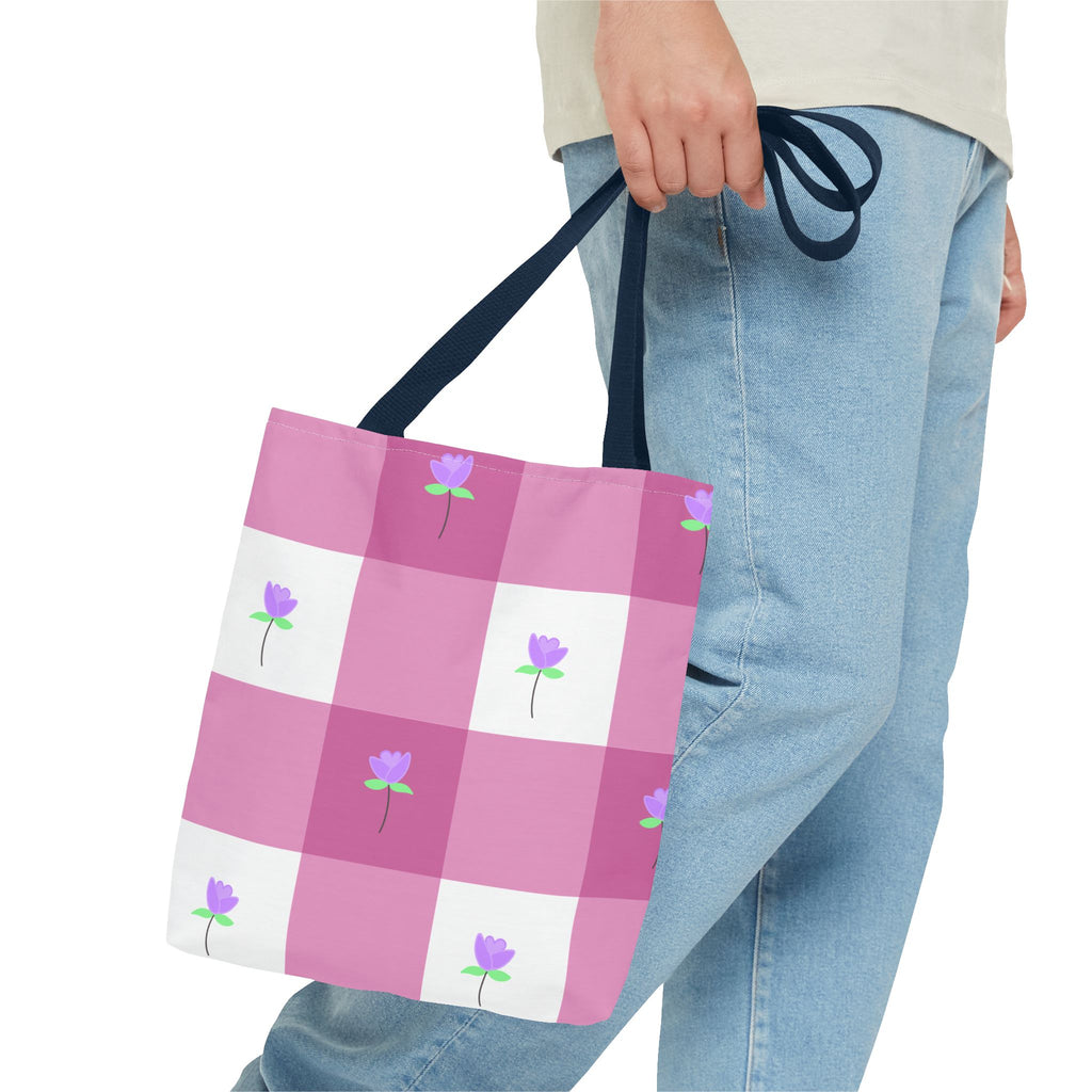 Pink Gingham Tulip Floral Tote Bag — Cute Checkered All-Over Print Tote