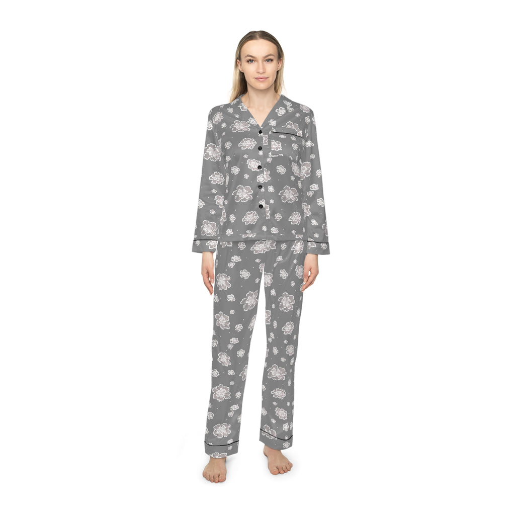 Women's Satin Pajamas — Grey Floral Satin Sleep Set