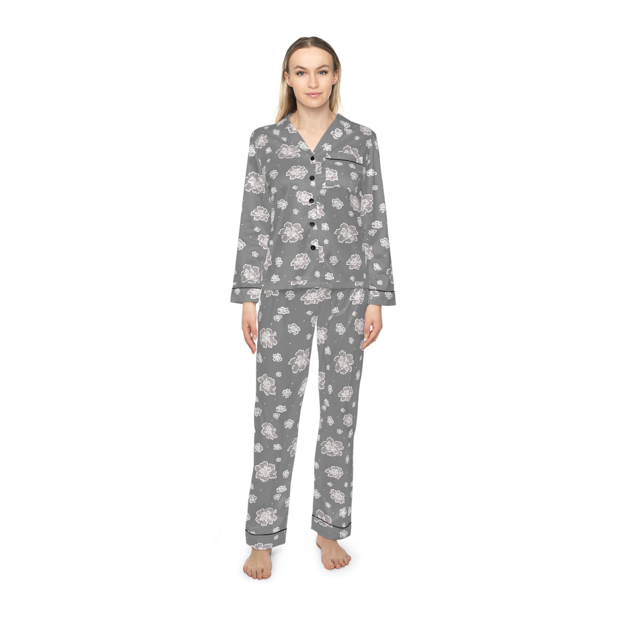 Women's Satin Pajamas — Grey Floral Satin Sleep Set
