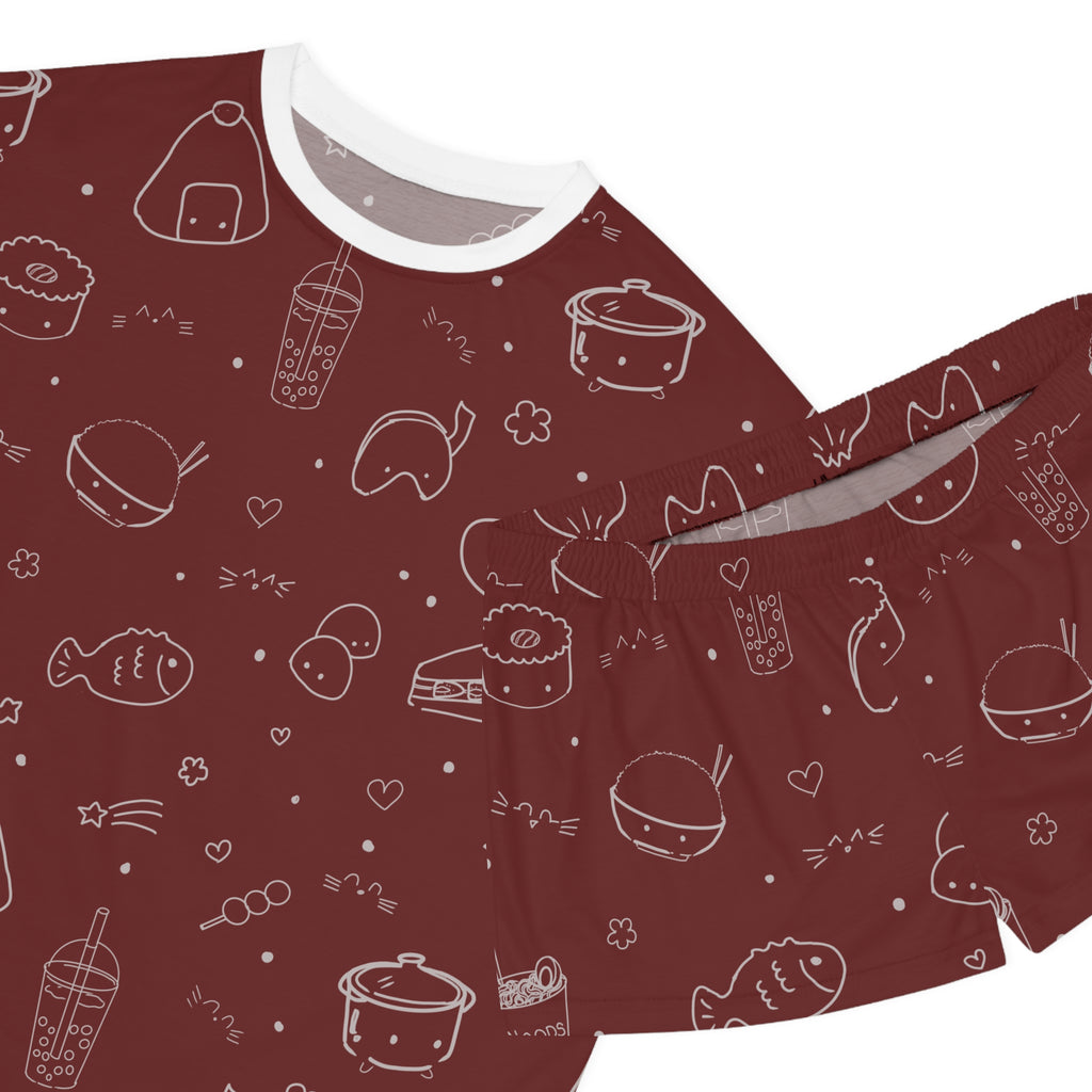 Maroon Kawaii Asian Snacks Pattern Women's Short Pajama Set