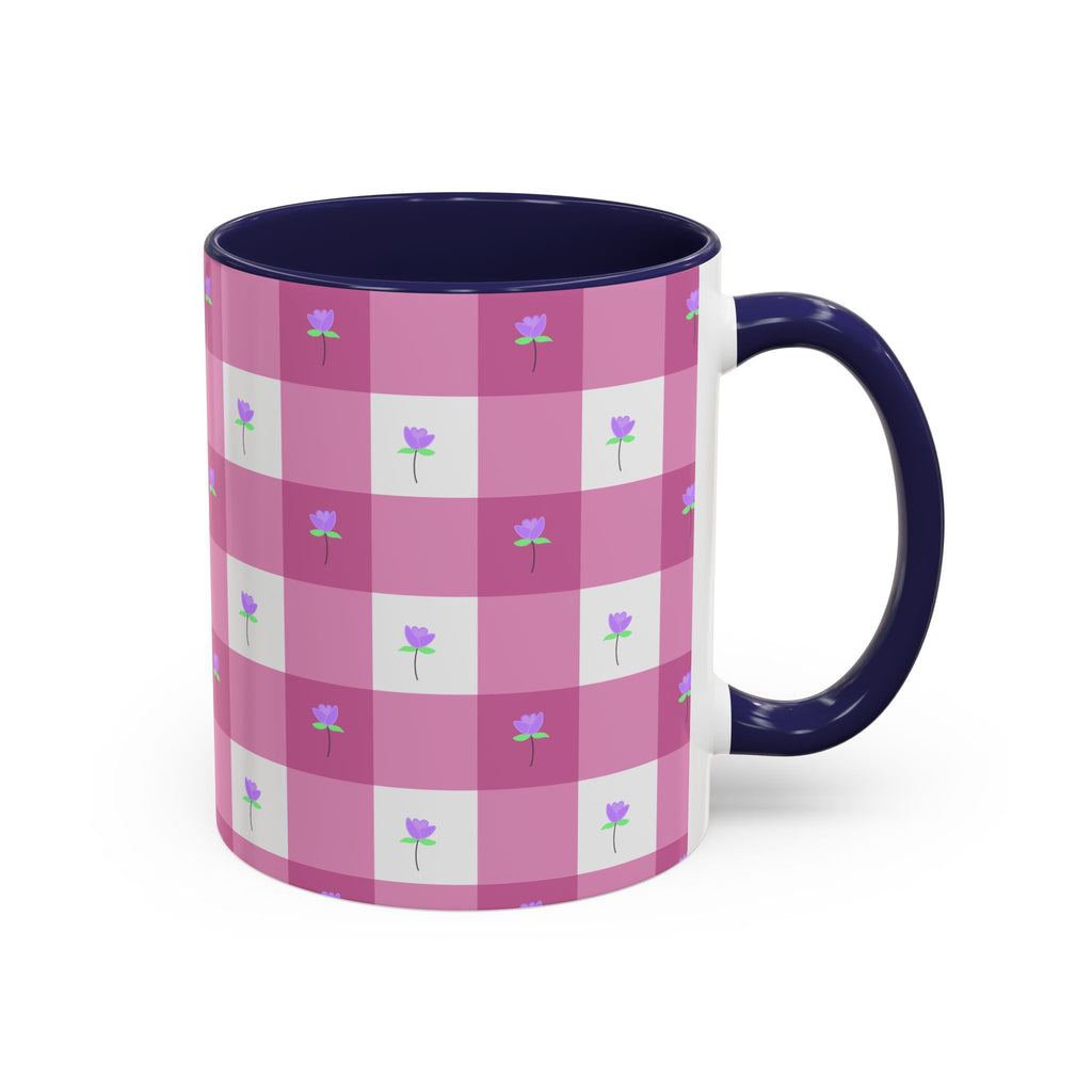 Pink Gingham Floral Tulip Accent Coffee Mug — Cute Purple Rose Pattern (11/15oz)