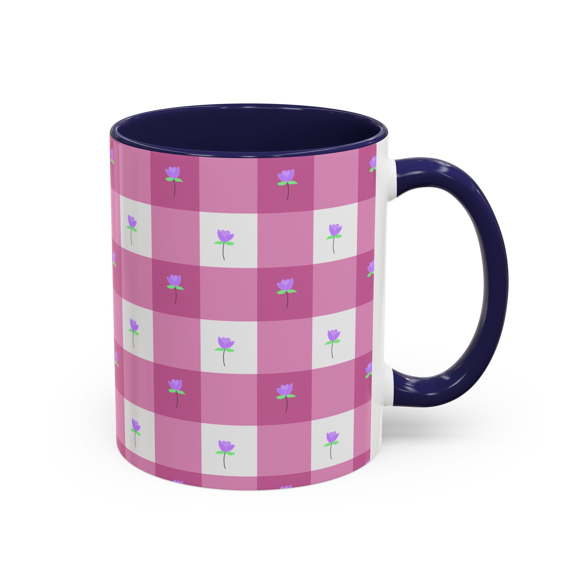 Pink Gingham Floral Tulip Accent Coffee Mug — Cute Purple Rose Pattern (11/15oz)