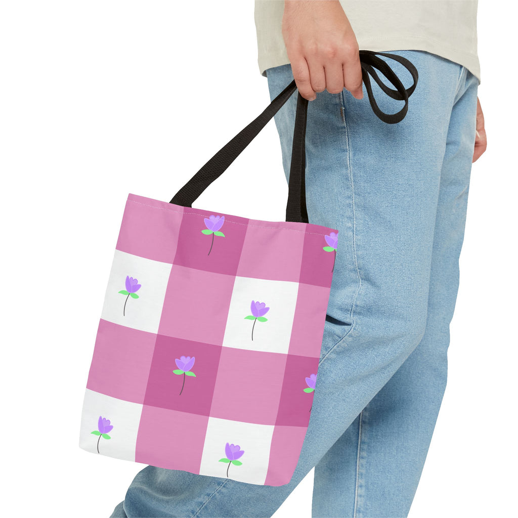 Pink Gingham Tulip Floral Tote Bag — Cute Checkered All-Over Print Tote