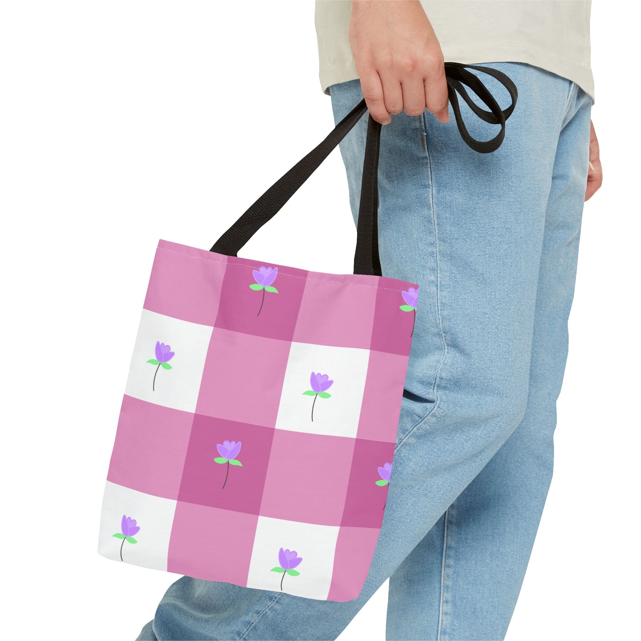 Pink Gingham Tulip Floral Tote Bag — Cute Checkered All-Over Print Tote