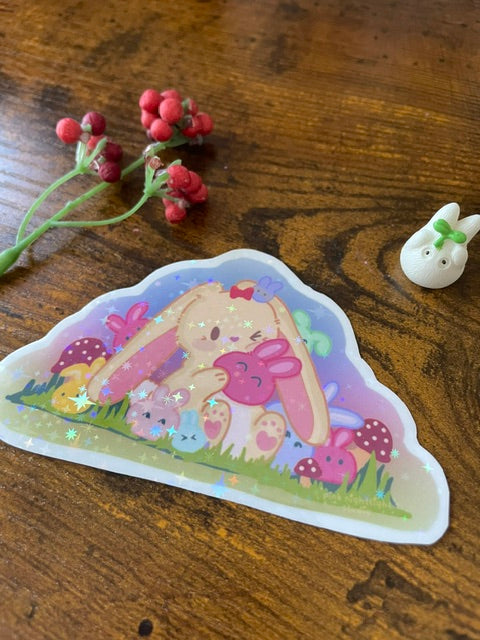 Magical Meadow Bonnie Vinyl Sticker – 3.75" Hand-Illustrated Cute Rainbow Hlographic Bunny Scene