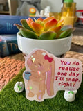 A small potted succulent in a white pot with a decorative sign in front that reads 'You do realize one day I'll snap, right?' with a cartoon cat illustration. The setup is placed on artificial grass with a basket underneath.