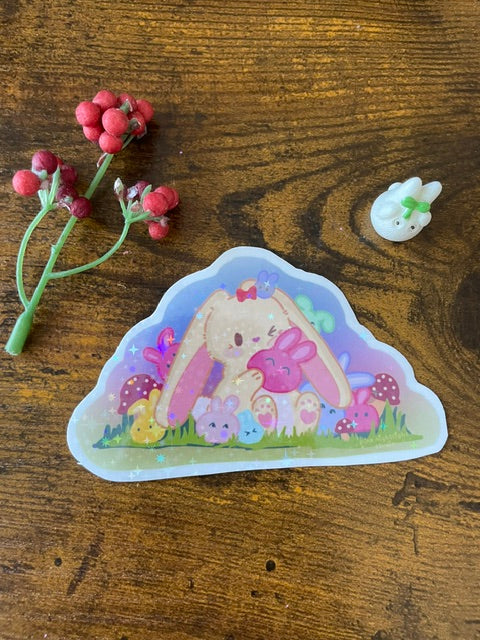 Magical Meadow Bonnie Vinyl Sticker – 3.75" Hand-Illustrated Cute Rainbow Hlographic Bunny Scene