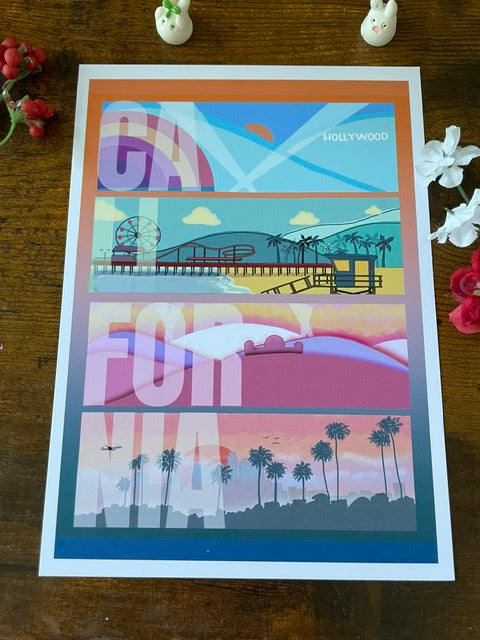 California Travel Art Print, Hand Illustrated Retro Coast Wall Art, Sunset Beach Landscape Poster, 5.25 x 7.25 Heavyweight Cardstock Decor