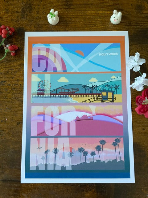 California Travel Art Print, Hand Illustrated Retro Coast Wall Art, Sunset Beach Landscape Poster, 5.25 x 7.25 Heavyweight Cardstock Decor
