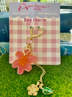 Handmade Pink Sakura Acrylic Bag Charm | Gold Cherry Blossom Keychain Accent