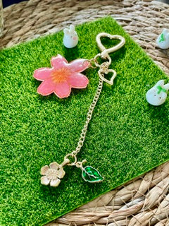 Handmade Pink Sakura Acrylic Bag Charm | Gold Cherry Blossom Keychain Accent