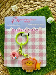 Handmade Emotional Support Bread Cat Acrylic Bag Charm | Cute Kawaii Loaf Keychain