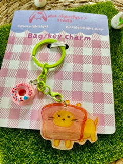 Handmade Emotional Support Bread Cat Acrylic Bag Charm | Cute Kawaii Loaf Keychain