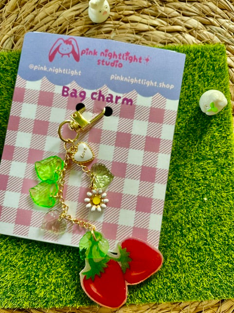 Handmade Strawberry Vine Bag Charm | Coquette Garden Strawberry Keychain