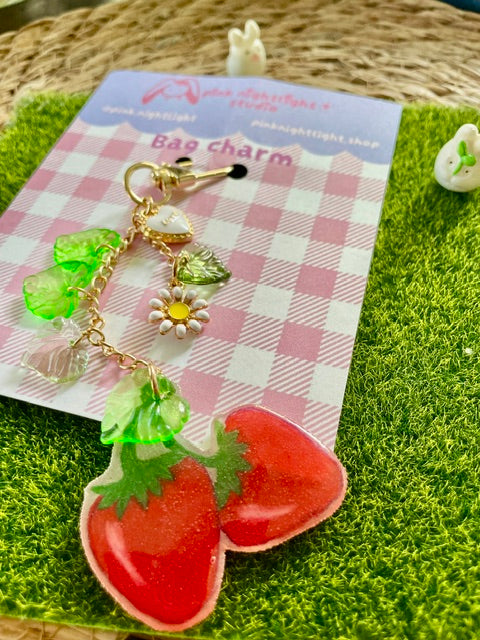 Handmade Strawberry Vine Bag Charm | Coquette Garden Strawberry Keychain
