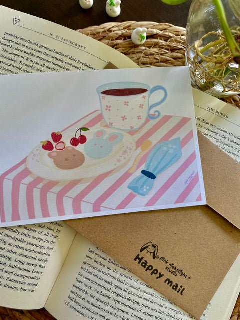 ☕ Bear & Bunny Tea Time Postcard (Summer Collection) - Pink Nightlight Studio