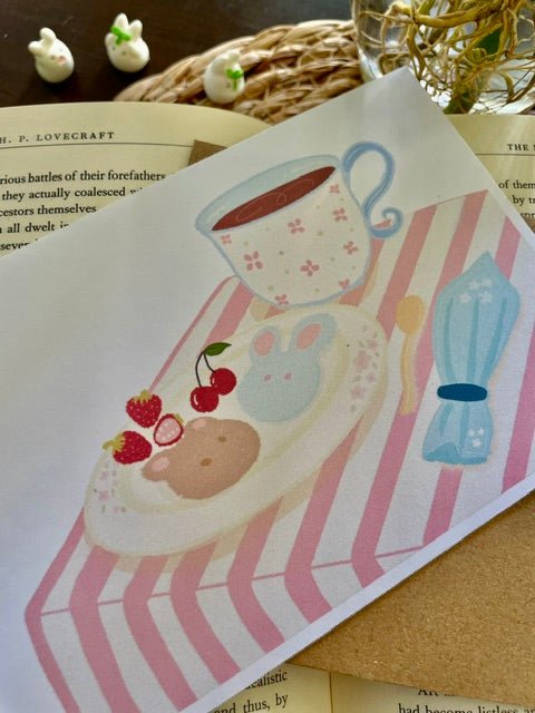 ☕ Bear & Bunny Tea Time Postcard (Summer Collection) - Pink Nightlight Studio