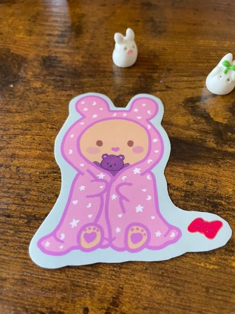Bonnie in Cozy Blanket Hoodie with Bear Vinyl Sticker | Cute Kawaii Art - Pink Nightlight Studio