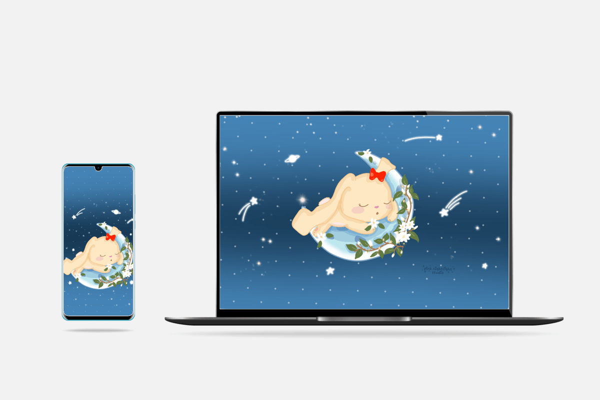 Bonnie Sleeping on Moon with Sampaguita or Star Jasmine flowers Desktop Wallpaper Digital Download - Pink Nightlight Studio